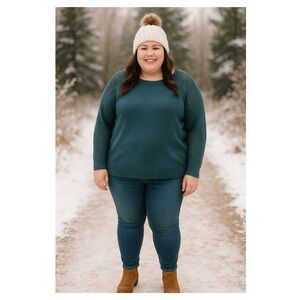 REITMANS Open Knit Sleeve 100% Cotton Sweater Teal Blue Sz 2X Cozy Relaxed